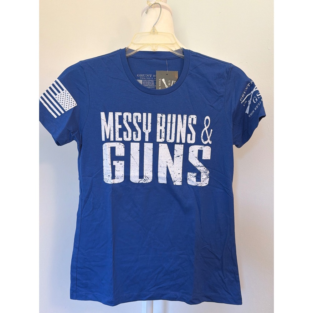 Grunt Style Messy Buns & Guns Graphic Tee Royal Blue Women Large GS2855 NWT